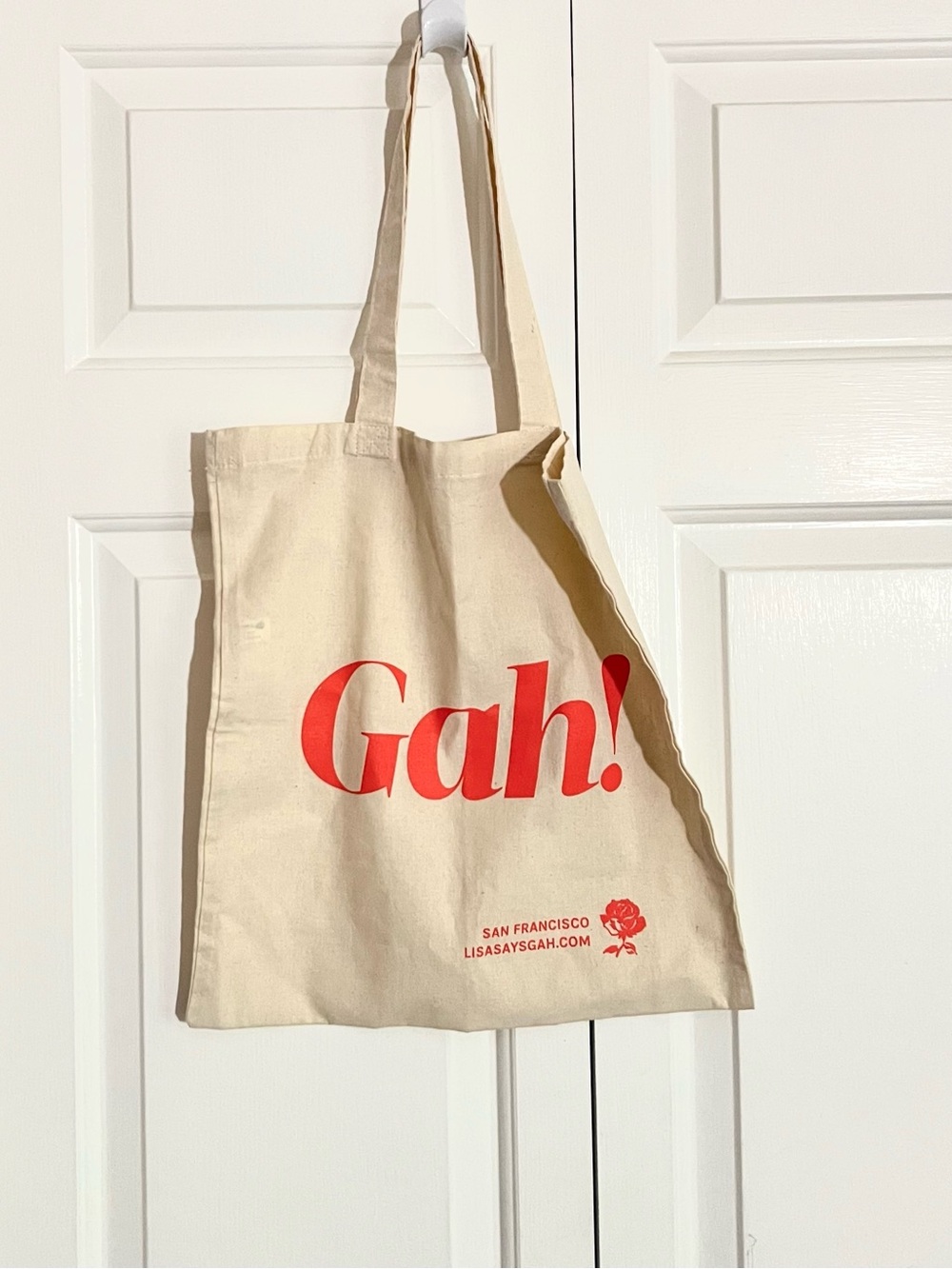 Lisa Says Gah Cream Canvas Shoppers Tote Bag with Orange Print
